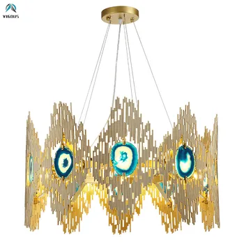 

Post Modern Luxury Plate Gold / Black Metal Round Led Pendant Lights Nature Blue Agate Deco Hanging Lamp Indoor Lighting Fixture