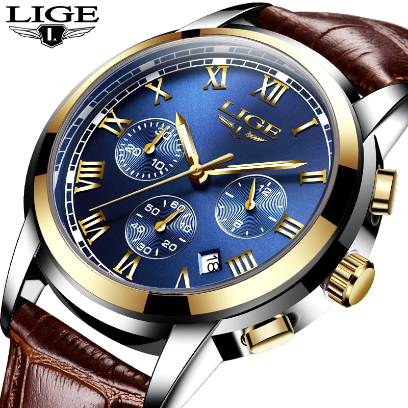 

2018 LIGE Men sports Watches Male Fashion Business quartz-watch Men Leather Waterproof Clock Man Auto Date Relogio Masculino