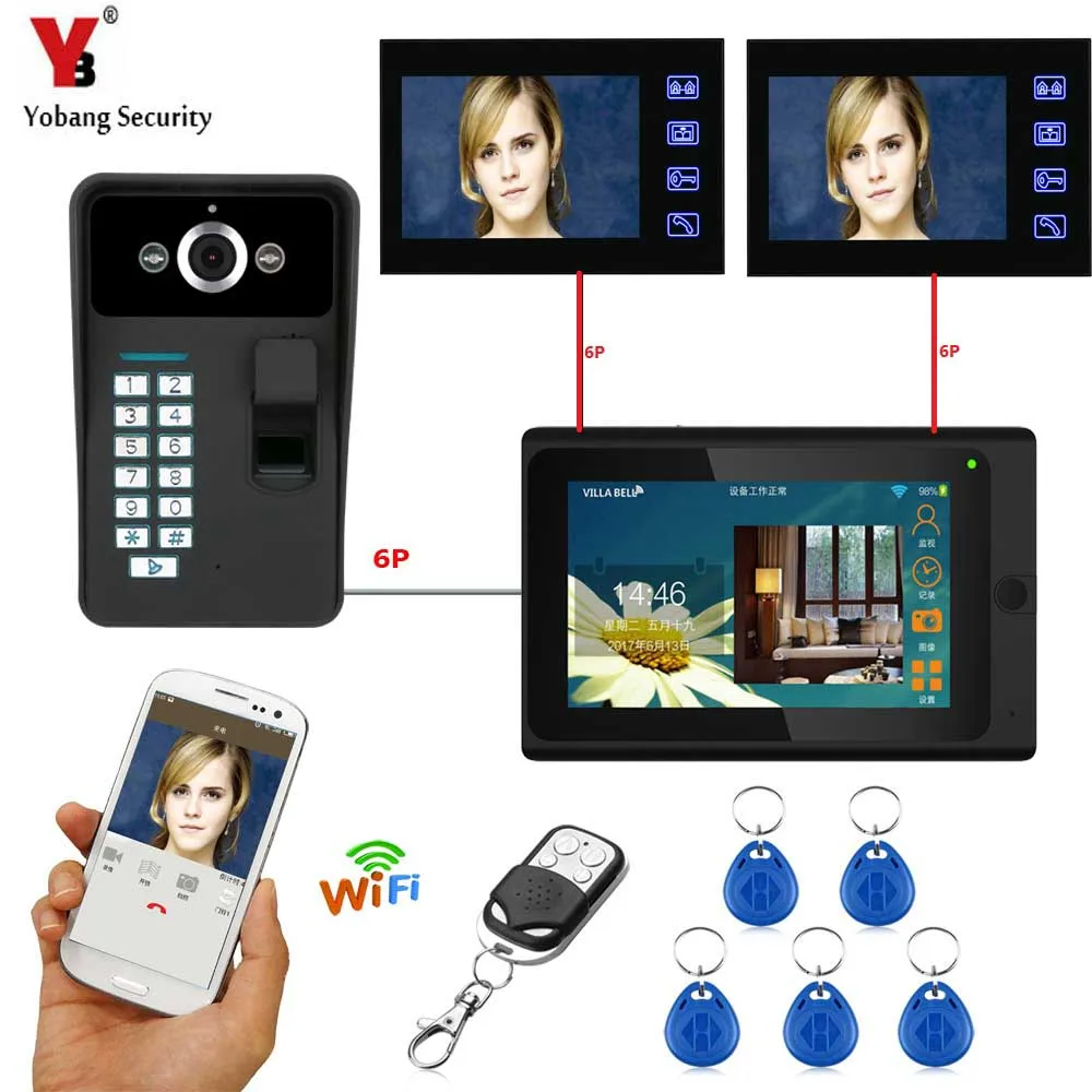 

Yobang Security WIFI Fingerprint RFID Password Video APP Control 1 Camera 3 Monitor Speakerphone Intercom System Android IOS APP