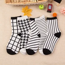 Классические индивидуальные хлопковые носки женские мульти 5 черные белые вертикальные клетчатые полосы шаблон весна осень короткие носки женские Meias