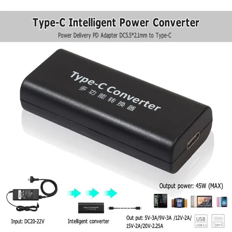 

Intelligent Smart Power Adapter DC 5.5mm x 2.1mm to USB Type-C Jack Power Delivery PD Converter for Laptop Desktop PC