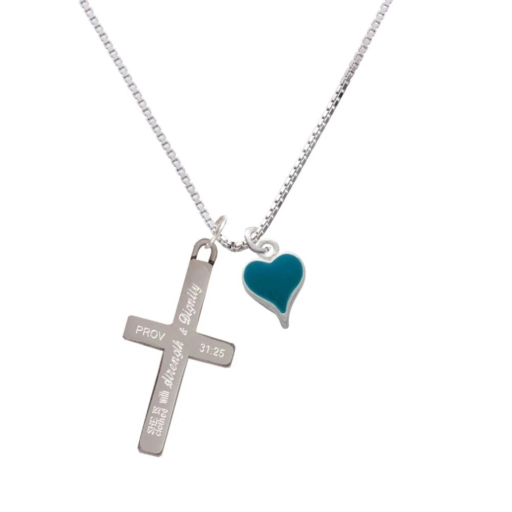 Small Long Dark Teal Heart - Strength and Dignity - Cross Necklace