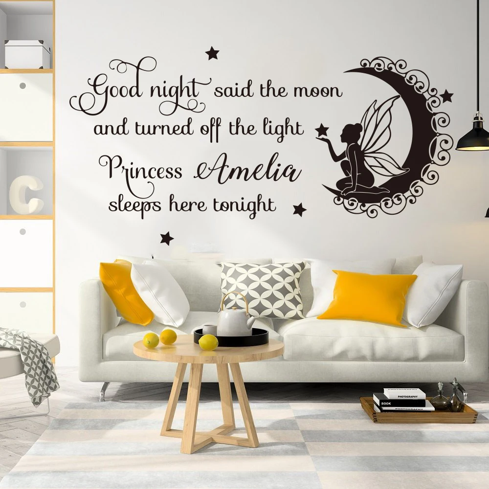 Custom Name Fairy Good Night Princess Sleep Here Wall Decal Girl Room Kids Room Family Love Quote Fairy Tail Wall Sticker Vinyl  (4)