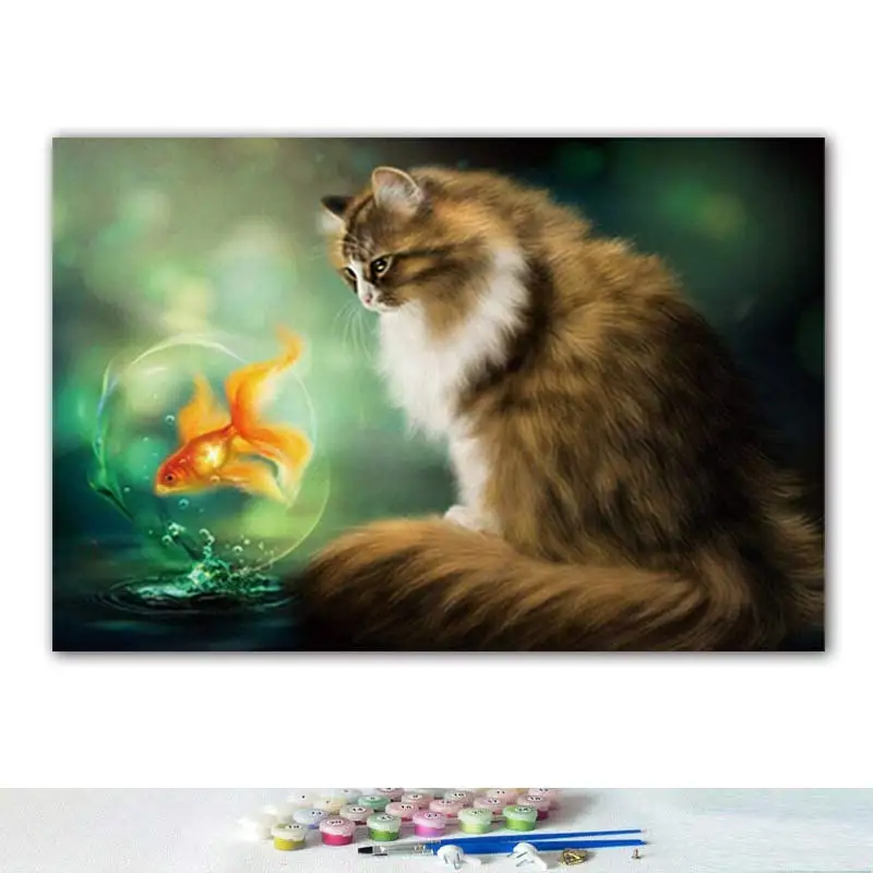 Краска по номеру художественная живопись по номерам искусство милый животный мир, растение кошка рыба птица гостиная спальня, декоративные рисунки
