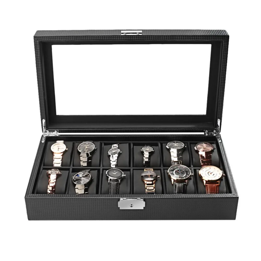 

12 Slots Wath Box Carbon Fiber High-Grade Luxury Display Design Jewelry Display Watch Box Storage Black Watch Holder Case Hot