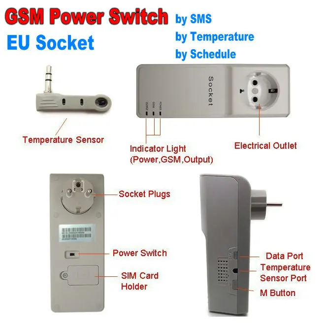 Smart GSM Power Switch Remote Control Socket Temperature Sensor Operated by SMS Schedule EU Plug Cell Phone |