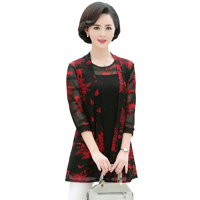 

Spring Women Two Pieces Blouses Cardigan Twinset Top Red Yellow White Floral Print Blouse Woman Casual 2PCS Shirt Casual Tops XL