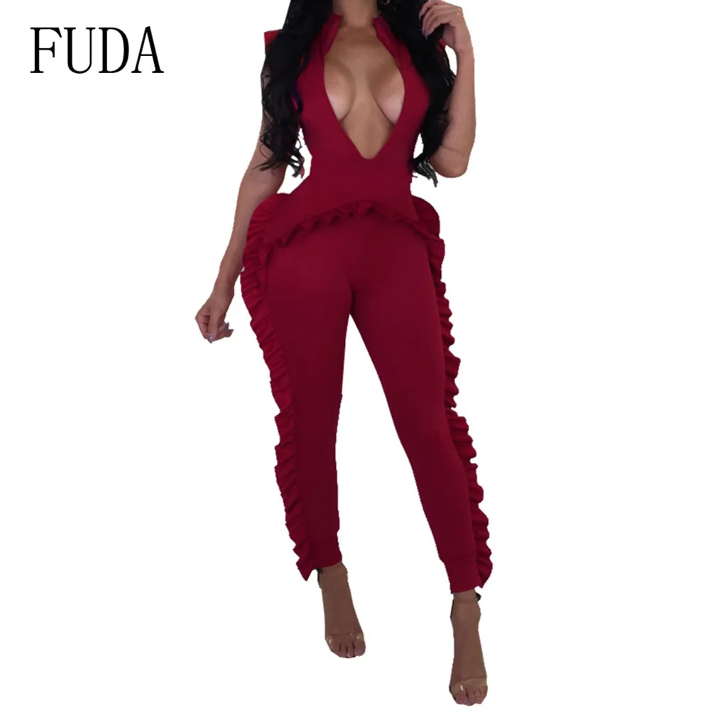 

FUDA Plus Size XXL Elegant Ruffle Jumpsuits Can Be Worn Back and Forth Sexy Playsuits Summer Bodycon Casual Party Club Bodysuits