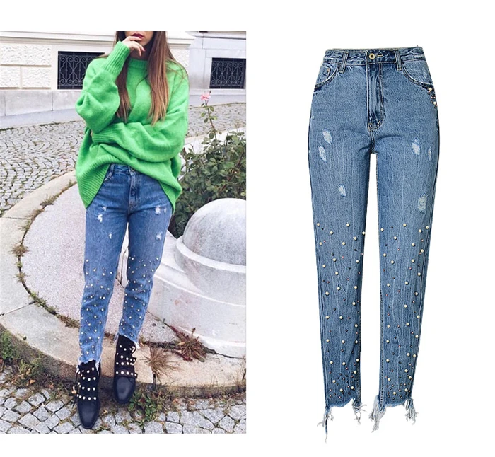 2017 fashion European and American women's high waist Slim straight pearl 3-color studs irregular feet tassel washed cowboy trousers (1)