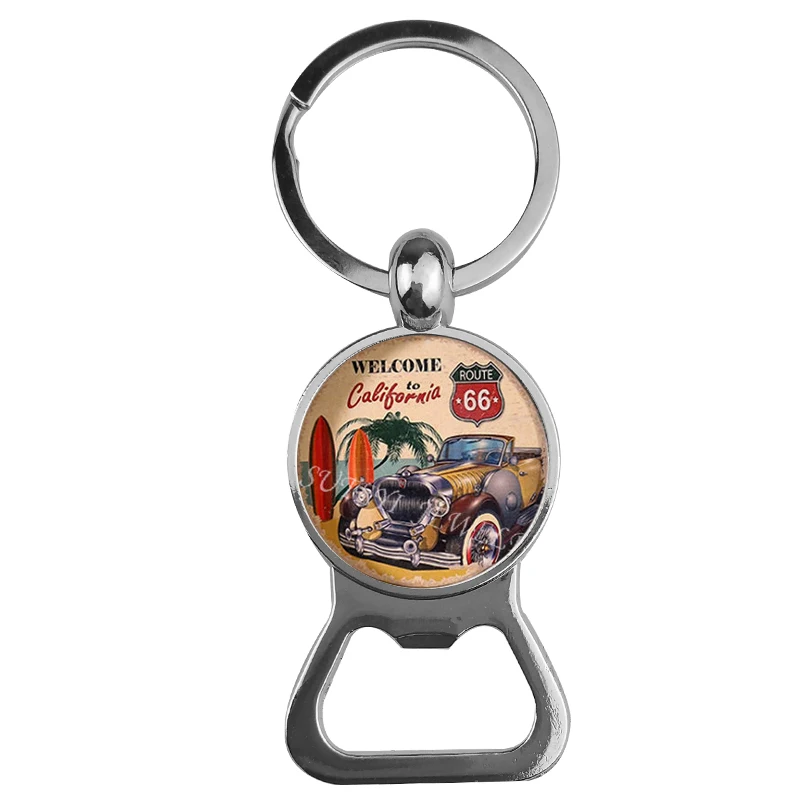 

SUTEYI Racing Car Key Holder Glass Dome Pendant US Route 66 Sign Bottle Opener Keychain For Men Women Party Gifts Jewelry