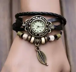 Модные кожаные часы-браслет женское Повседневное платье Винтаж Leaf Бусы наручные часы роскоши кварц Для женщин часы C30813