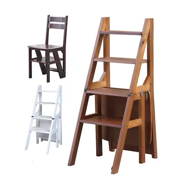 

Convertible Multi-functional Four-Step Library Ladder Chair Library Furniture Folding Wooden Stool Chair Step Ladder For Home