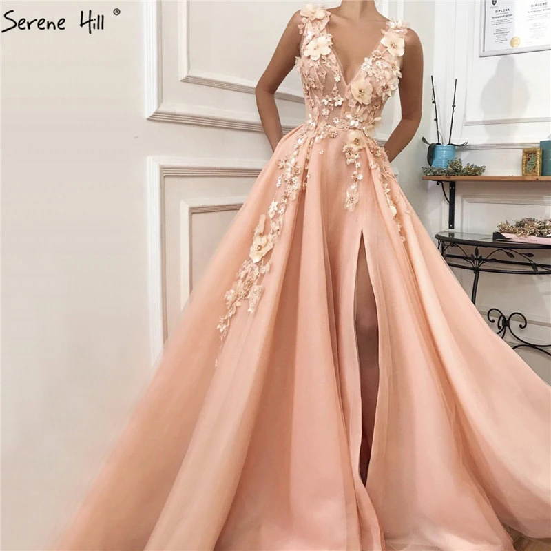 

Peach Deep-V A-Line Sexy Prom Dresses Diamonds Handmade Flowers Tulle Ball Gown 2019 Serene Hill BLA60867