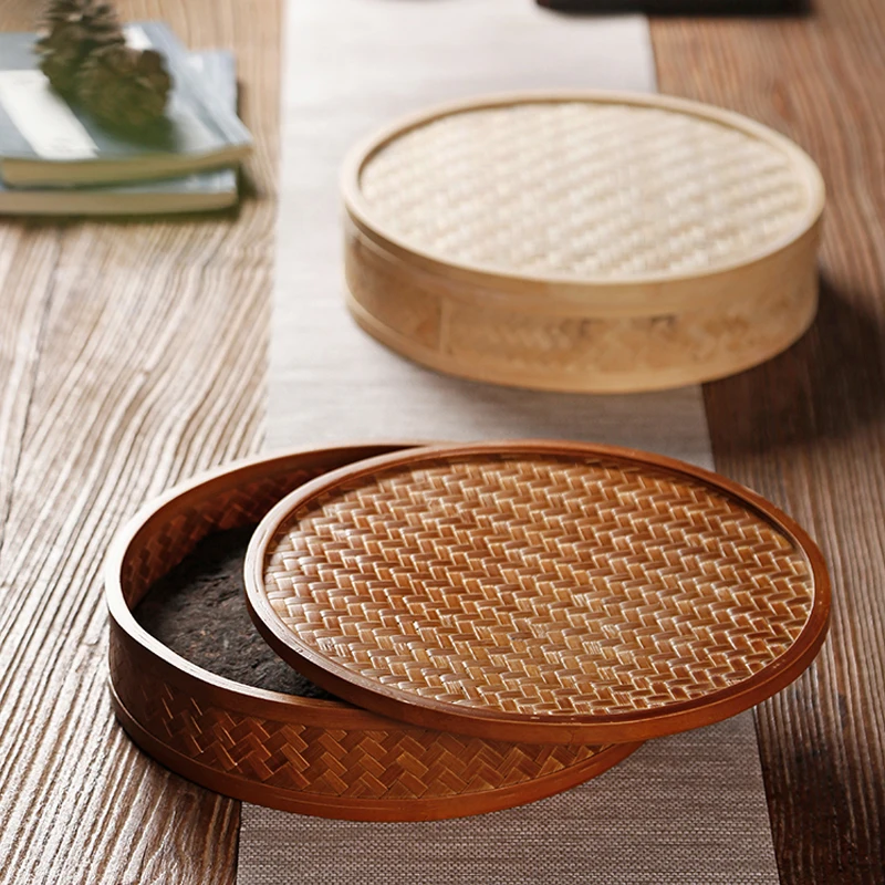 

Art Weaving Bamboo Storage Puer Box Tea Ceremony Tray Tea Cake Holder Round Plate with Lid Kit Teaware Tool Accessories Decor