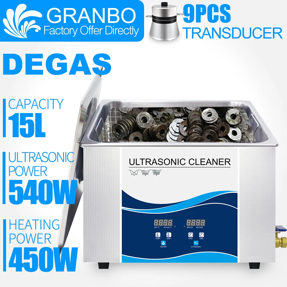 

Granbo Digital Ultrasonic Cleaner 15L 540W With DEGAS Heating Timer Ultrasonic Bath Washing Laboratory apparatus Metal parts