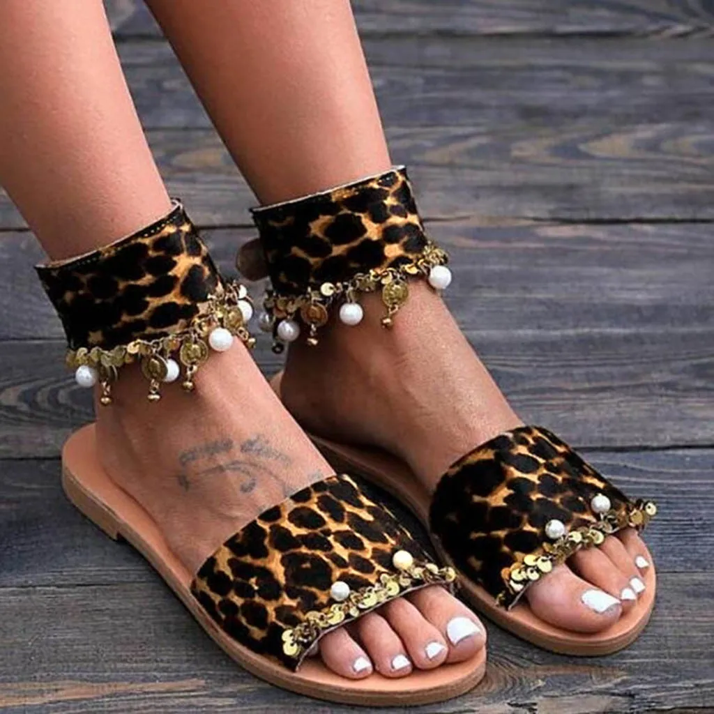 

Leopard Prints Open Toe String Bead Pearl Decor Slip On Slides Roman Style Flats Bottom Summer Beach Women Fashion Sandals