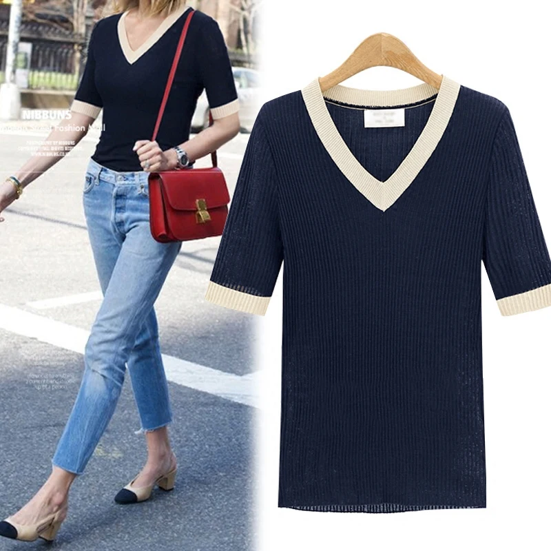 

Preppy style half sleeve pathcwork t shirt women v-neck knitted slim tops summer 2019 new arrivals 5colors plus size