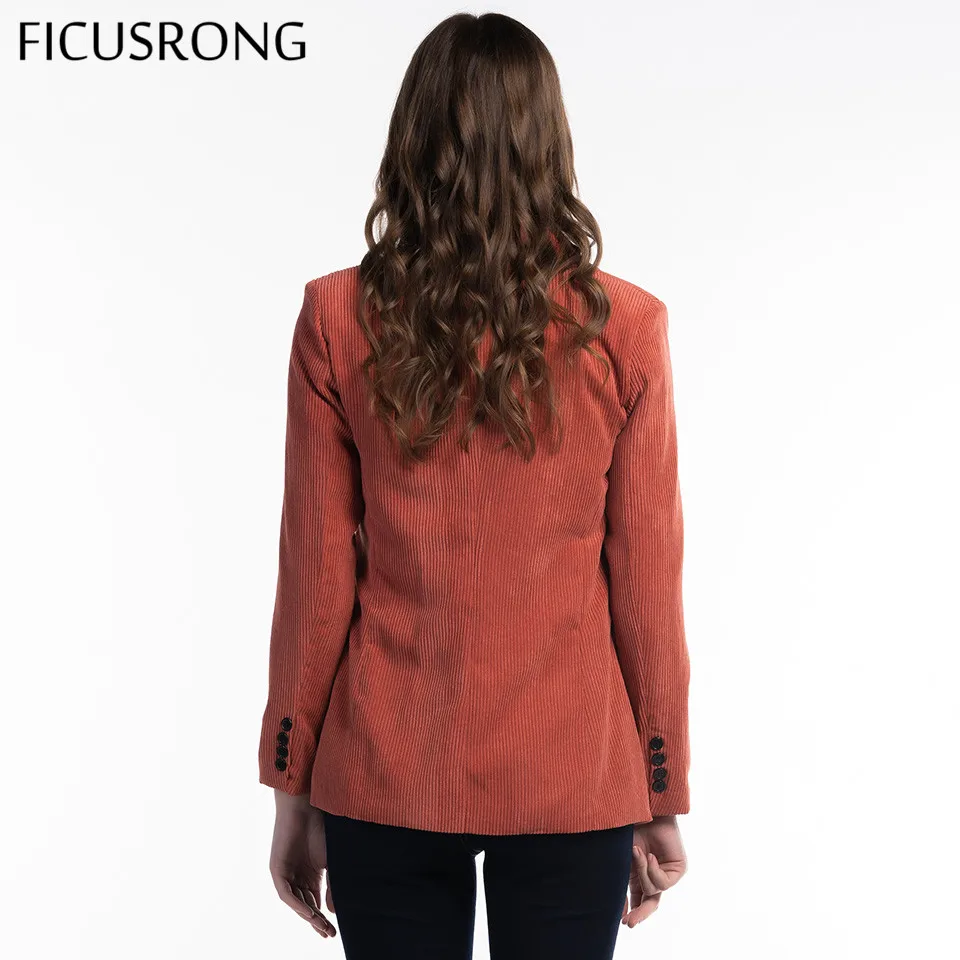 FICUSRONG New Autumn Women V Neck Slim Corduroy Blazer Coat Office Lady Fashion Coral Red Double Breasted Pocket Button Outwear