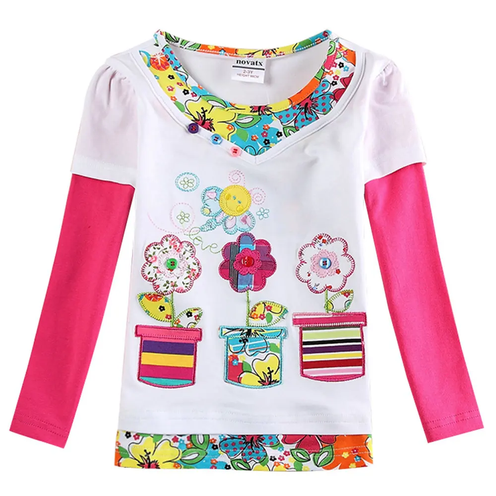 JUXINSU/хлопковая футболка с длинными рукавами для девочек; осенне-зимняя повседневная футболка с вышивкой в виде трех цветочных горшков для девочек 1-7 лет - Цвет: F5931-White-2