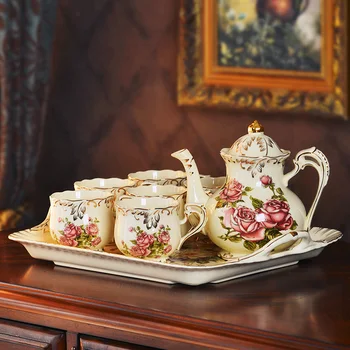 

Yolife Chinese Classic Rose Ivory Porcelain 1 Tea Pot 6 Tea Cups 1 tray for Wedding Gifts