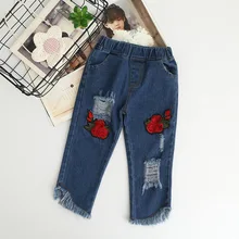 Everweekend Enfants Bébé Casual Broderie Rose Fleurs De Jeans Longueur Enfants Déchiré Gland Nouveau Denim Pantalon Pantalon