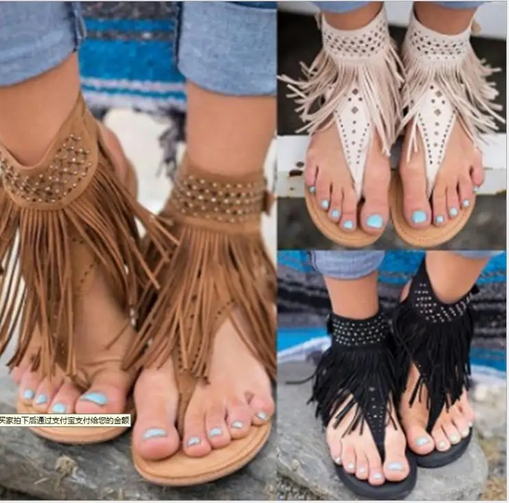 

fringe sandal flat Tassel Women Gladiator Sandals Comfortable Ladies Flip Flops Sandals Thong Beach Shoes rivet ankle sandals