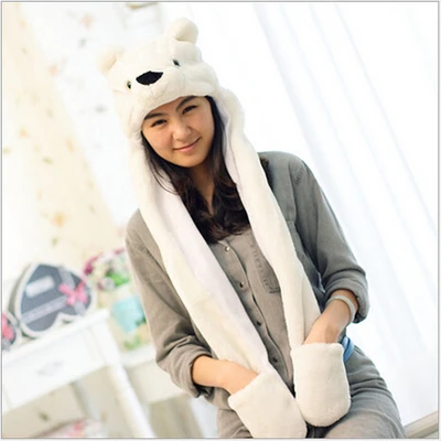 3 в 1 Милая зимняя плюшевая шапочка в виде животного, модные детские наушники для взрослых, шарф, перчатки на Рождество - Цвет: Polar bear