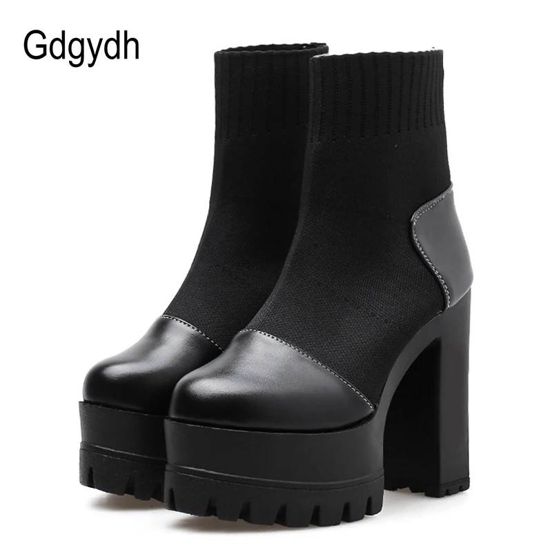 

Gdgydh High Heel Ankle Boots Women Slip On Round Toe Rubber Sole Autumn Platform Heels Booties Sock Boots Stretch Fabric Shoes