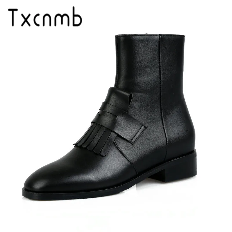 

TXCNMB 2019 Boots Women Ankle Boots for Women Winter Cow Genuine Leather Square Heel Black Shoes Woman Round Toe