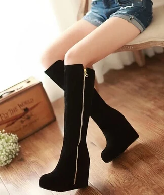 

XingDeng Winter Wedges Flock Knee High Boots Women Snow Fur Shoes High Heels Platform Ladies Long Zipper Boots Plus Size 32-43