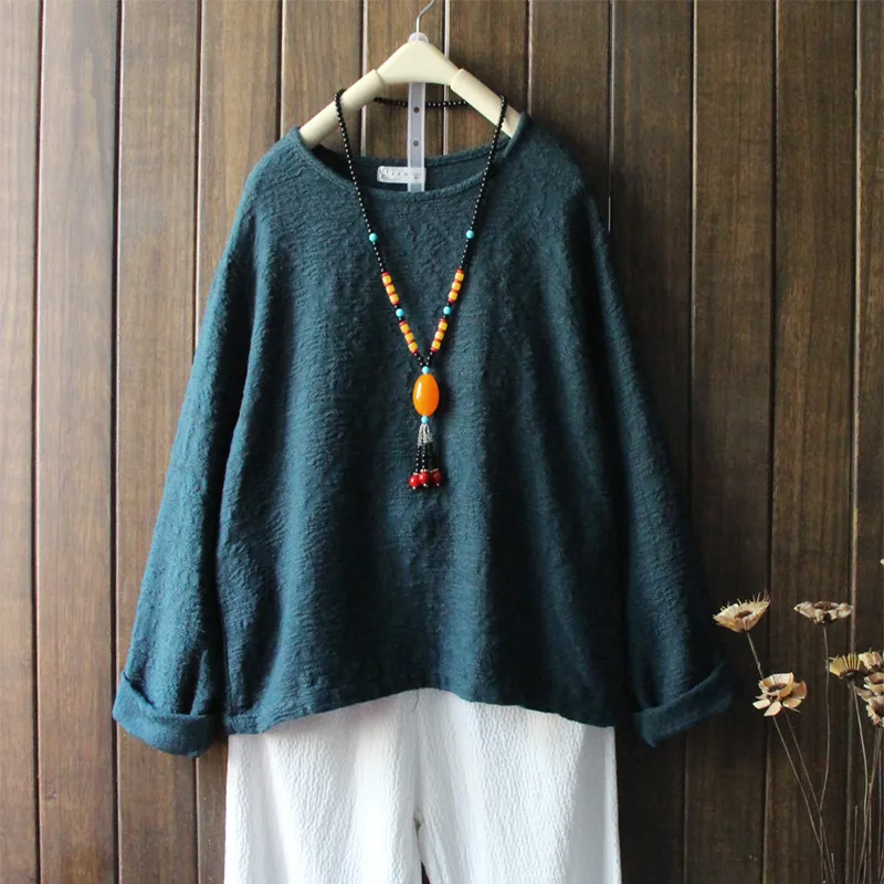 

Autumn New Women's Solid Color Cotton Linen T-Shirt Long Sleeved Loose Texture Round Neck T Shirts Casual Tops Spring Clothes