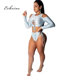 Echoine Women 2 Piece Set Diamonds Sexy Off Shoulder Lace Up Cross Bandage Long Sleeve Crop Tops Bikini Briefs Suits Swimwear Echoine Women 2 Piece Set Diamonds Sexy Off Shoulder Lace Up Cross Bandage Long Sleeve Crop Tops Bikini Briefs Suits Swimwear