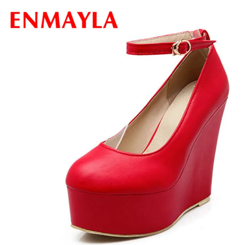 

ENMAYLA Spring High Heels Platform Shoes Woman Wedges Heel Ankle Strappy Ladies Shoes Women Pumps Red Black White Shoes