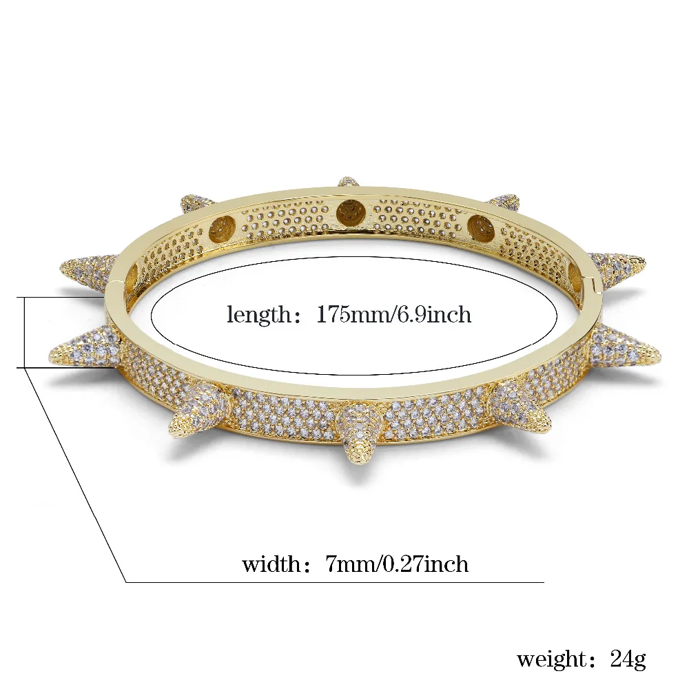 Luxury Iced Out Bling Cubic Zircon Hip Hop Rose Gold Silver Rivet Bracelets Spike Bangles Gifts for Men Women
