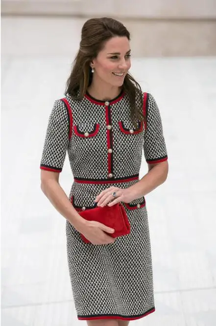 Kate Middleton твидовое женское платье Vestidos толстые нитки Хаундстут Лоскутные Платья Круглый вырез короткий рукав тонкое платье женское