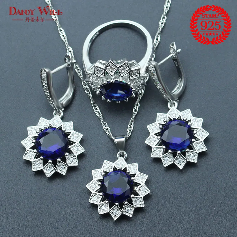 

Blue Zirconia Bridal Jewelry Sets Silver 925 Sterling Jewelry With Earrings Ring For Women Wedding Pendant Necklace Set Gift