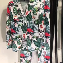 Новое поступление Женская мода осень пижамный комплект длинный рукав большой размер, принтованный Шелковый одежда отложной воротник пижамный комплект