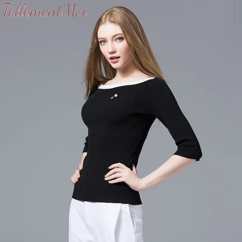 New Fashion Spring Autumn Women's Bottoming Knitted Shirts Seven Sleeves Slim Thin Sweater Female Elegant Basic Pullovers Tops