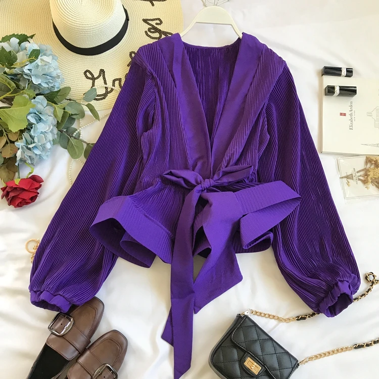  ALPHALMODA 2019 V-neck Pleated Bow Knot Ruffled Hem Ladies Stylish Chiffon Blouse Lantern Sleeve Ch