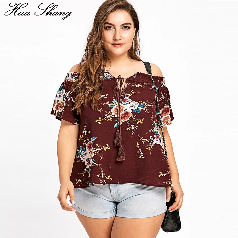 

HuaShang Print Casual Summer Blouse Women Plus Size 2018 Fashion Slash Neck Tassel Vintage Burgundy Loose Women Blouses And Tops