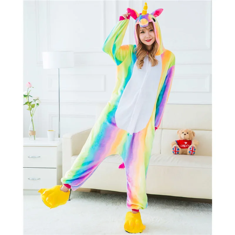 Весна-Зима, фланелевые пижамы с единорогом для влюбленных пар и женщин, пижамы с рисунками животных, одежда для сна с героями мультфильмов, дешевые пижамы с единорогом для взрослых - Цвет: Rainbow Unicorn 2