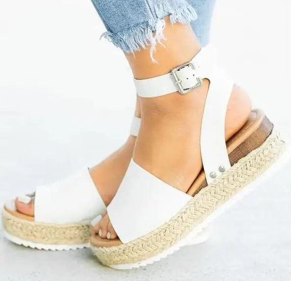 

PADOISFOO Large Size 2019 Summer Muffin With Buckle Sandals Female Leopard Hemp Rope HYKL-A