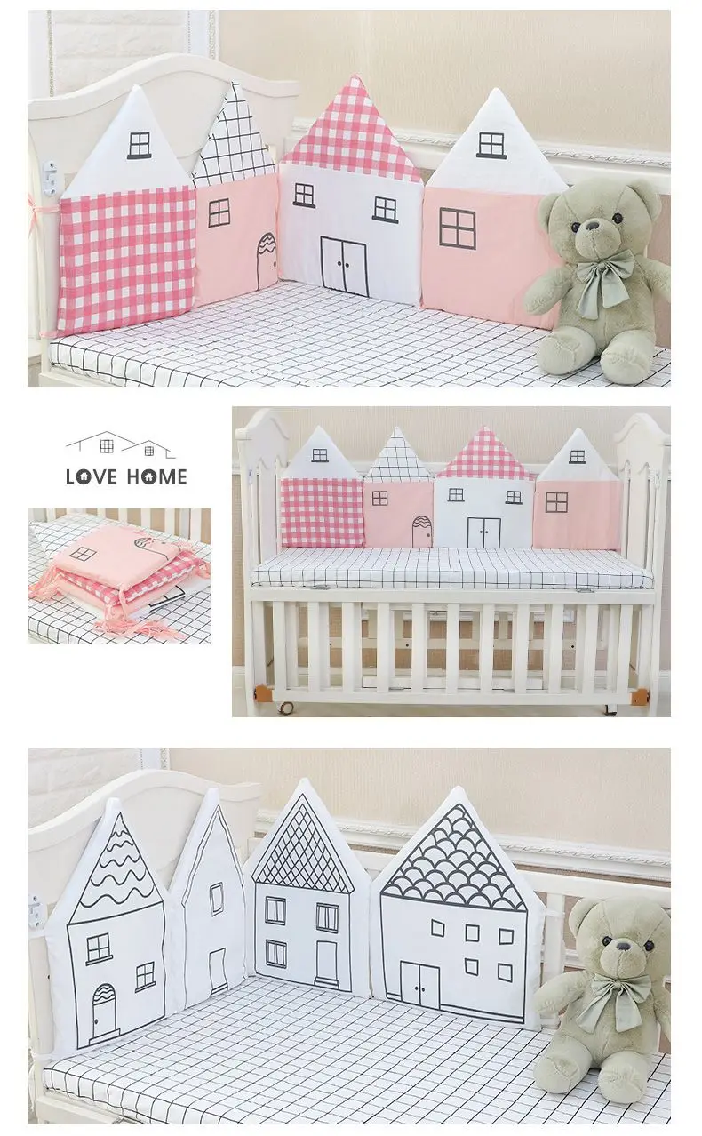 4pcs a set baby bed bumper house shaped cute crib bumper newborn bed protection (4)