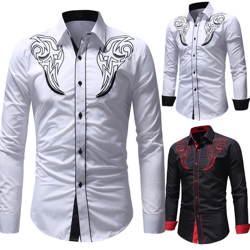 2018 Autumn New Hot Men's Shirt Totem Embroidery Men's Casual Slim Long Sleeve Shirt Solid Color Print Long Sleeve Shirt