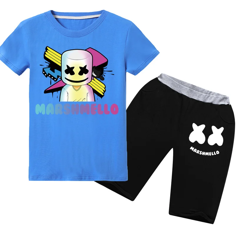 

marshmello dj mask Kid sets face Smile pattern fortnight 100%Cartoon T-Shirts suit clothes for Boys Girls Baby TShirt+shorts set