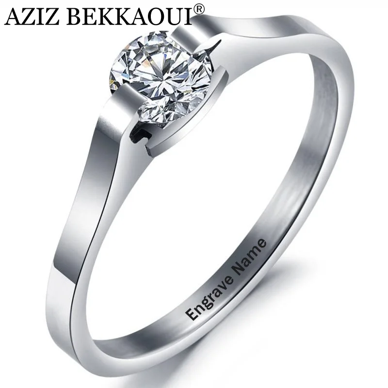 

AZIZ BEKKAOUI Engrave Name Crystal Ring for Women DIY Stainless Steel Ring Classic Wedding Engagement Jewelry Gift Wholesale