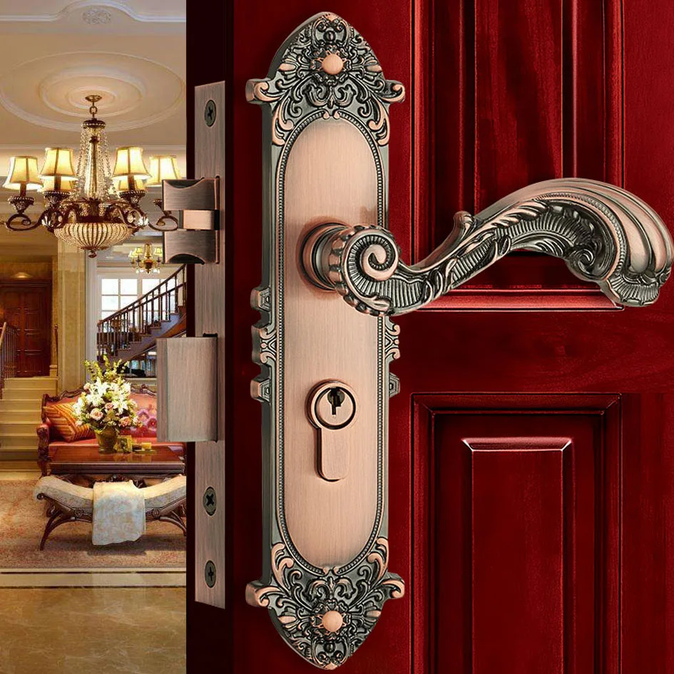  Europen Fashion Brass Golden Interior Solid Wood Panel Handle Lock Rose Golden Bedroom Bookroom Kit - 33057818983