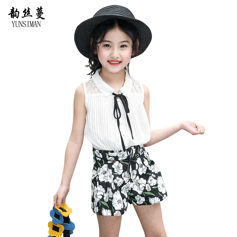 

Summer Girls Clothes Flower Set for Girls 8 10 12 14 Years Kids White Lace Chiffon Vest Floral Print Shorts Clothing Sets 12C11