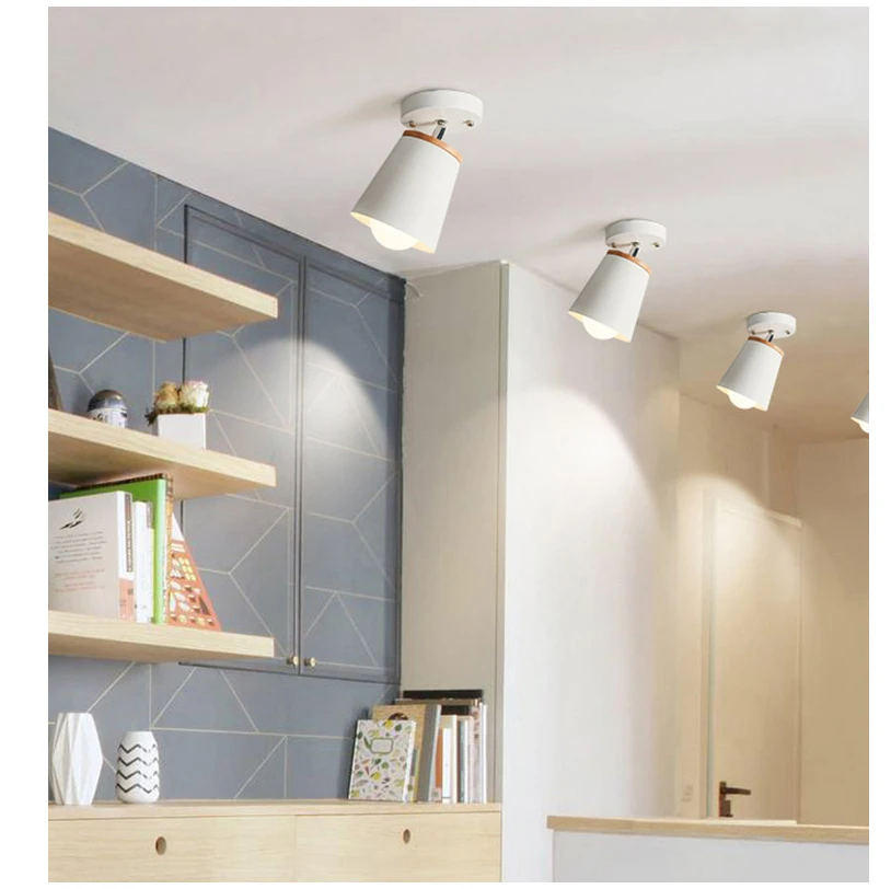 Modern Led Ceiling Light Fixture Iron Lampshade With Wood Adjustable Angle Nordic Indoor Hanging Lamp Corridor Aisel E27 White