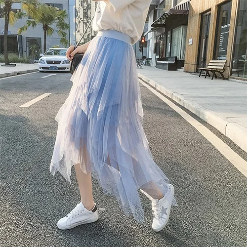 Женская юбка-миди с пачкой SURMIITRO, нерегулярная летняя школьная юбка с завышенной талией в корейском стиле летом - Цвет: Синий